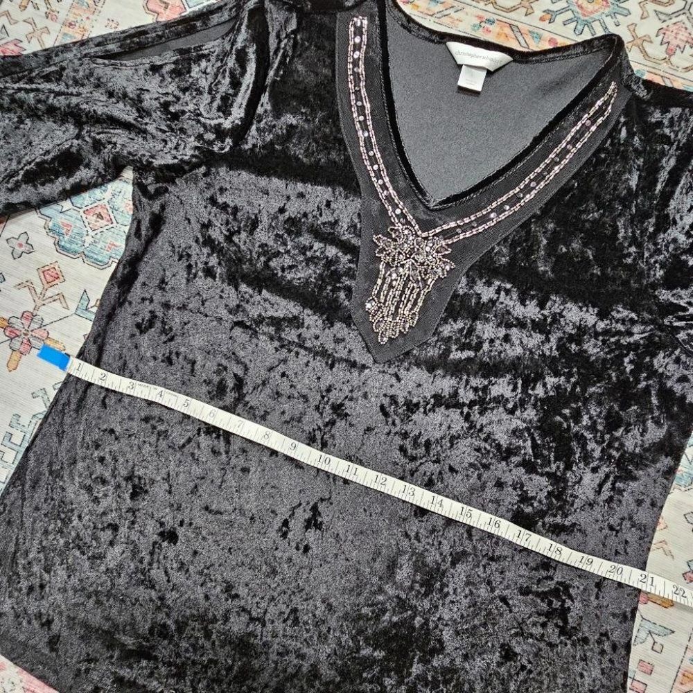 Whimsygoth Hippie Black Crushed Velvet Cold Shoulder Beaded VNeck 3/4 Sleeve Top - Picture 11 of 11